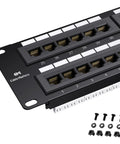Front view of Beefy 48 Port Cat6 Patch Panel for rackmount or wall mount 19 inch 2U network, supports 10 Gigabit Ethernet