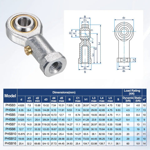 2-Pack PHSB3 Rod End Bearings, Right-Hand Thread 10-32, Self-Lubricating Female Thread Steel Joint With Jam Nuts For Forging Machines, CNC, Auto, Steering Linkages And Automation.