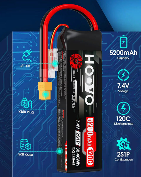 2S LiPo Battery Pack 7.4V 5200mAh 120C Soft Case XT60 Plug for RC Cars Trucks Buggies Crawlers Boats Planes