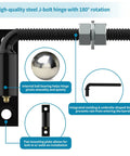 Diagram of 5/8 In J-Bolt Gate Hinge Set, Heavy-Duty Steel For Wooden And Iron Gates, with details on rotation and sealing features.