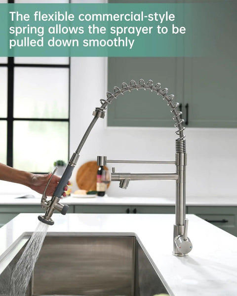 Heavy Duty Commercial Pull Down Kitchen Faucet With Sprayer In Brushed Nickel All Metal Body Pro Grade Durable Spring