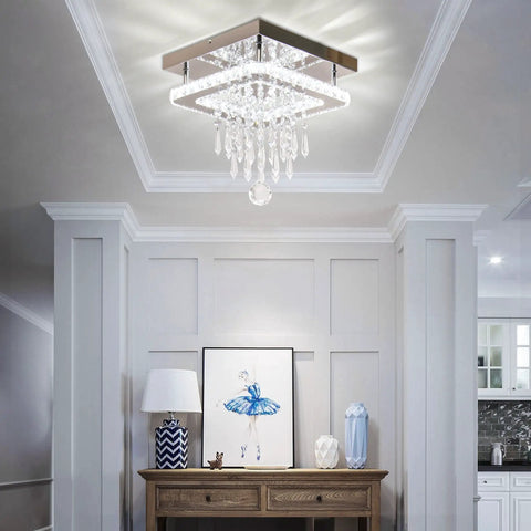 Square Crystal Chandelier LED Flush Mount Ceiling Light For Bedroom Dining Room Hallway And Bar Dope Modern Crystal Pendant Lamp With K9 Crystals Cool White Glow Elegant Living Room Fixture in hallway setting