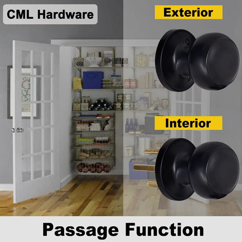 Matte Black Passage Door Knob With Round Ball Handle Keyless Interior Door Hardware For Hallways And Closets No Locking