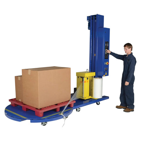Heavy Duty Clear Cast Stretch Wrap 80 Gauge 19.7 X 6000 Ft Roll used with a pallet wrapping machine for shipping boxes.