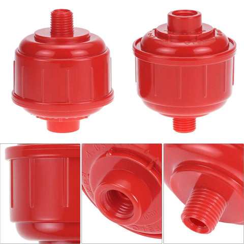 Close-up view of a red 10 Pack Disposable Mini Air Water Trap Filters With 1/4 Inch Threads for Spray Guns, Paint Sprayers, Air Tools.