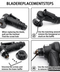 Handheld pneumatic chamfering tool with 45-degree arc corner and 1/4-in air inlet; four-step blade replacement guide