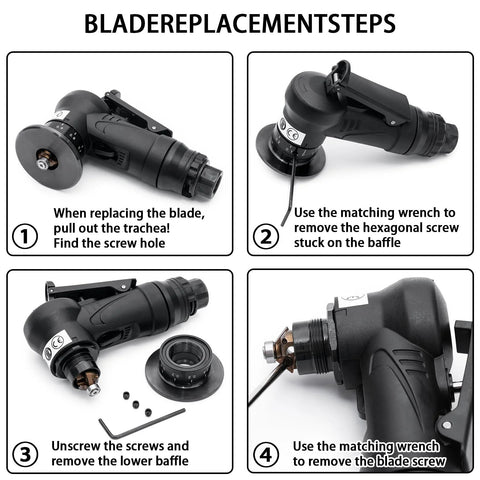 Handheld pneumatic chamfering tool with 45-degree arc corner and 1/4-in air inlet; four-step blade replacement guide