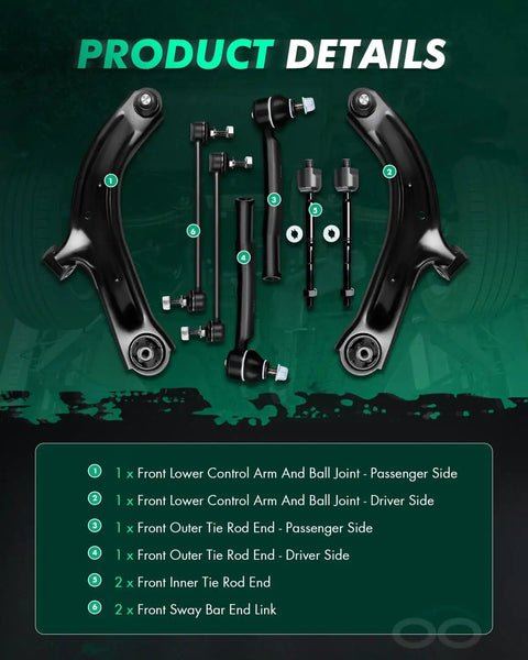 Beef Up Your Nissan Cube And Versa With This 8 Piece Front End Suspension Kit Including Front Lower Control Arm Ball Joints Tie Rod Ends And Sway Bar End Links, black steel parts laid out