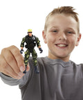 Boy holding 12 Pack US Military Toy Soldiers Action Figures With Realistic Weapons Gear And Combat Accessories For Kids Pretend Battle Play Set
