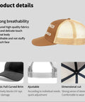 Product details showing brown low profile distressed trucker cap for women, lightweight washed cotton baseball hat, side view