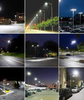 Dusk To Dawn 300W LED Parking Lot Light Hella Bright 5700K 39,000 Lumens Shoebox Outdoor Fixture illuminated in various settings.