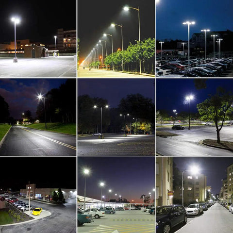 Dusk To Dawn 300W LED Parking Lot Light Hella Bright 5700K 39,000 Lumens Shoebox Outdoor Fixture illuminated in various settings.