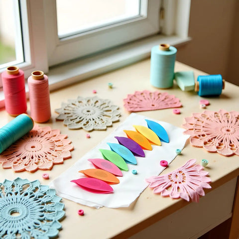 Nine Colorful Plastic Tatting Shuttles Set for Lace DIY Hand Lacemaking Craft on desk with lace doilies and threads.