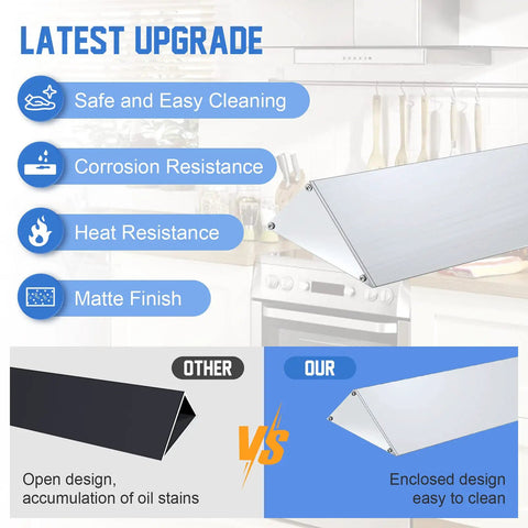 30 Inch Slide In Range Rear Filler Kit W10113901A features and benefits diagram, comparing open and enclosed design, kitchen background