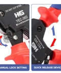 Rock Solid Ratchet Cable Wire Cutter For Snipping Thick Electrical Aluminum Copper And Multi Core Wires Up To 300 Square Millimeters, showing quick release lever and lock settings.