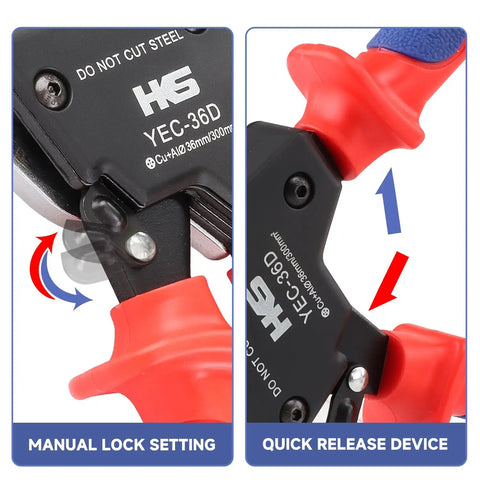 Rock Solid Ratchet Cable Wire Cutter For Snipping Thick Electrical Aluminum Copper And Multi Core Wires Up To 300 Square Millimeters, showing quick release lever and lock settings.