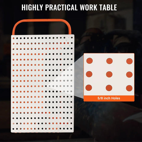 Rock Solid Welding Workbench Table 35X24 Inches With Lockable Swivel Casters And Adjustable Tool Tray, showing holes design for practical use.