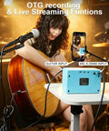 Musician using 10W Portable Acoustic Guitar Amp With Dual One Quarter Inch Inputs For Guitar And Microphone, OTG Recording