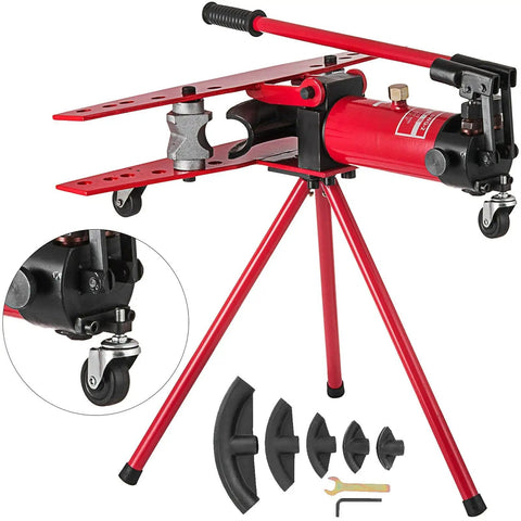 Top Shelf Manual Hydraulic Pipe Bender And Rebar Cutting Tool Heavy Duty Tube Bender Machine Workhorse For Roll Cages and Guardrails showing detailed mechanism and die kit.