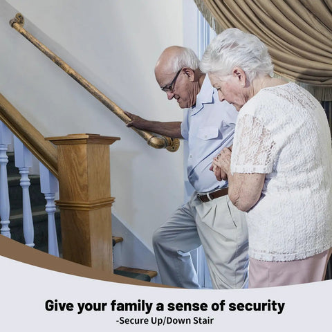 Heavy Duty Industrial Staircase Handrails 3 Ft Galvanized Pipe used by elderly couple for secure grip on indoor stairs.