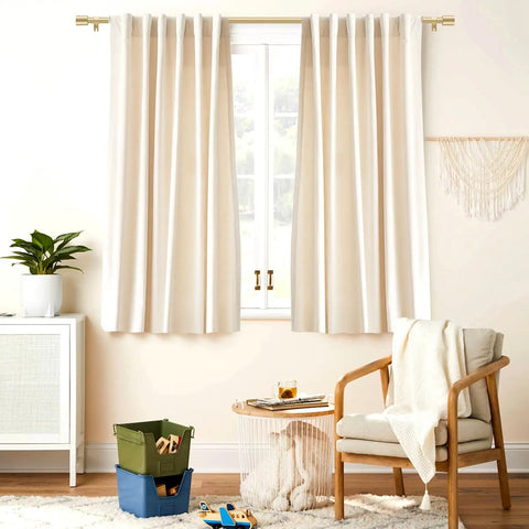 Gold Curtain Rod 28 To 48 Inch Adjustable Splice Rod With Two Brackets in a living room setup with beige curtains