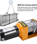 Heavy Duty 12V Electric Winch Kit Featuring 3000 LB Towing Capacity With Wired Control And Durable Stainless Steel Cable seen with cable and hook.