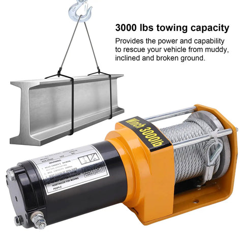 Heavy Duty 12V Electric Winch Kit Featuring 3000 LB Towing Capacity With Wired Control And Durable Stainless Steel Cable seen with cable and hook.