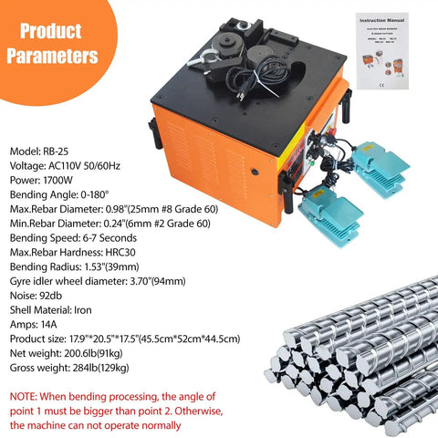 Built Tough Electric Rebar Bender Crushes 6 To 25 Millimeter Steel Bars With Ridiculously Fast 0 To 180 Degree Adjustments Plus Super Quick 110 Volt Bench Top Setup Featuring Nifty Foot Pedal Control image showing the unit with foot pedals.