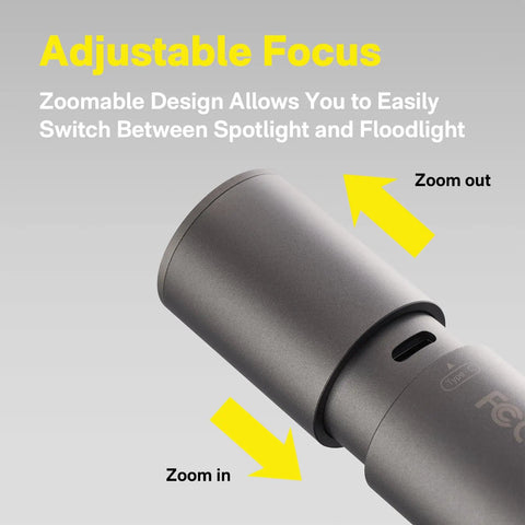 Close-up of Zoomable USB C Rechargeable Flashlight 1000 Lumens LED With Five Modes Including SOS And Strobe Tactical Handheld Portable Light showing adjustable focus feature.