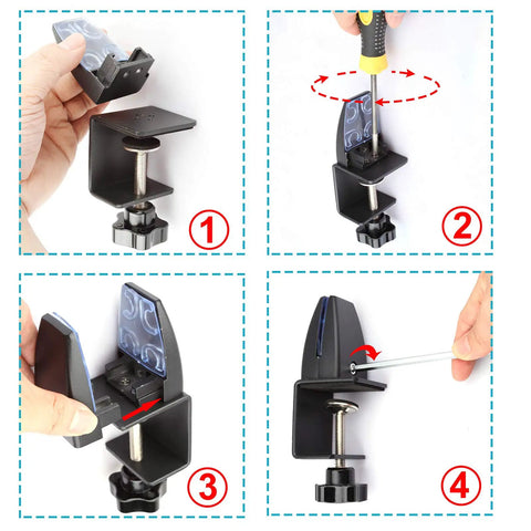 Beefy 4 Pack Desk Partition Divider Bracket Clips assembly instructions, matte black C clamp design for secure mounting.