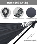Details of 2 In 1 Portable Hammock With Stand Included Convertible Double Hammock To Hammock Chair Outdoor Patio Lounger For Backyard Camping Sunroom Patented Adjustable Stand Dark Grey showing rope thimble, poly-cotton ropes, fabric, and adjustable heights.