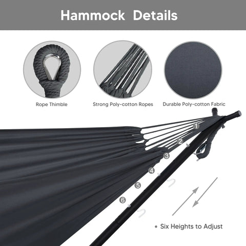 Details of 2 In 1 Portable Hammock With Stand Included Convertible Double Hammock To Hammock Chair Outdoor Patio Lounger For Backyard Camping Sunroom Patented Adjustable Stand Dark Grey showing rope thimble, poly-cotton ropes, fabric, and adjustable heights.