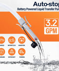 Portable Fuel Transfer Pump With Auto Stop Sensor And Overflow Protection, 3.2 GPM, shown with hose and application icons.