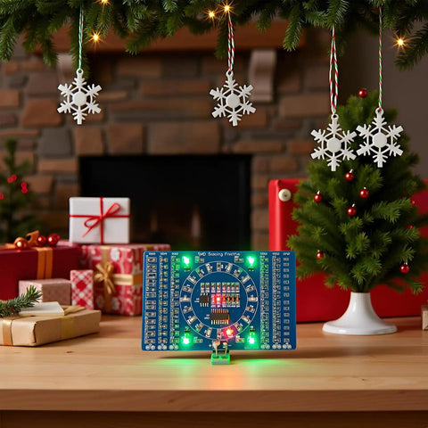 Festive scene with DIY Soldering Practice Kit For SMD SMT Welding Training Board EK7026 With Water Lamp Circuit against Christmas decor.