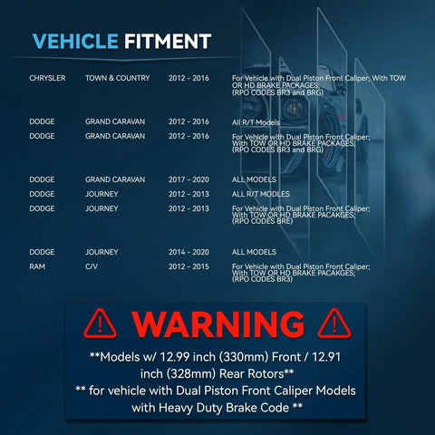 Vehicle fitment information for All In One Ceramic Brake Kit With 12.99 Inch Front Rotors And 12.91 Inch Rear Rotors Plus Ceramic Pads For Chrysler Town And Country Dodge Grand Caravan Journey And Ram C V 2012 2016 With Dual Piston Front Caliper shown.