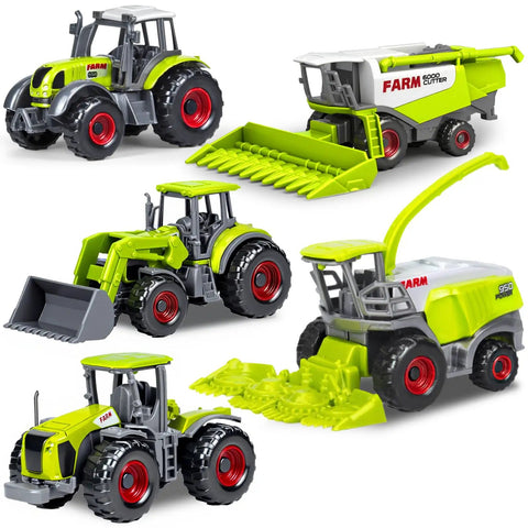 Five Pack Diecast Farm Tractor Toy Set with combine harvester and digger loader, 1/64 scale, for ages 3-8 indoor outdoor play