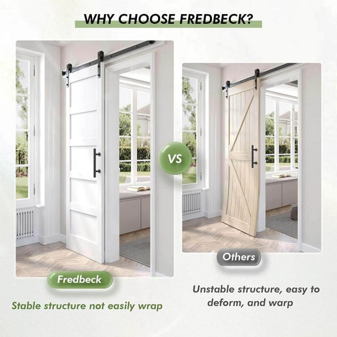 48 By 84 Inch White Barn Door With 8 Foot Sliding Hardware Kit Included And Handle MDF And PVC Surface Durable Water Proof And Scratch Proof Finish DIY Assembly 5 Panel Style Fits 45 To 47 Inch Opening displayed next to a comparison of another barn door style