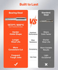 Comparison of bearing steel vs standard steel with features and performance differences highlighted.