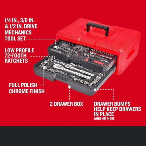 256 Piece Mechanics Tool Set With 72 Tooth Low Profile Ratchet And 2 Drawer Tool Box Pro Grade All In One Kit open view