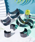 High Carbon Steel Leather Die Cutter Set with Crescent Moon Dies, 8 Sizes, Displayed with Mallet on Blue Background
