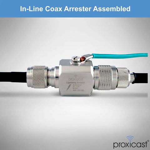 Coaxial Lightning Arrester Suppressor Pro Grade With PL259 And SO239 Connectors shown assembled for radios and antennas