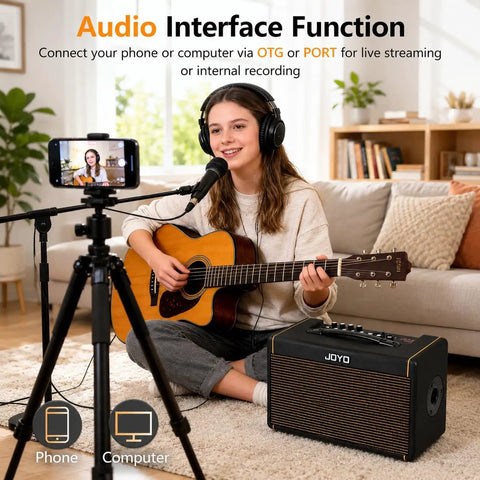 Woman playing guitar with 40W Acoustic Guitar Amplifier, Bluetooth & battery powered, portable stereo speaker for busking, live performances