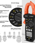 Bluetooth Digital Multimeter With Clamp On Meter 7200APP TRMS 6000 Counts showing functions and rotary dial features.