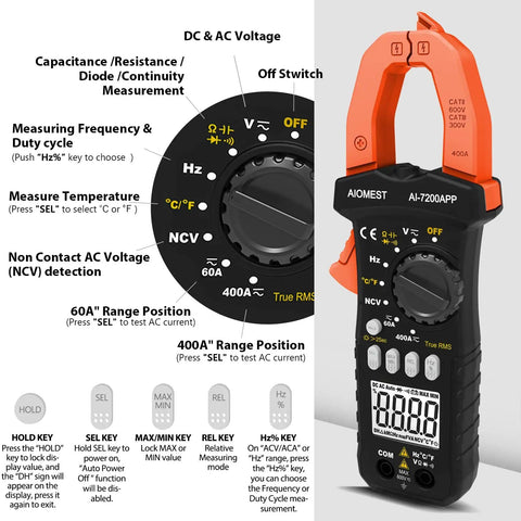 Bluetooth Digital Multimeter With Clamp On Meter 7200APP TRMS 6000 Counts showing functions and rotary dial features.