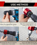 M3 To M8 Electric Rivet Gun Adapter Kit For Cordless Drill shown in use sequence for DIY projects.