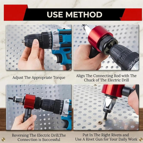 M3 To M8 Electric Rivet Gun Adapter Kit For Cordless Drill shown in use sequence for DIY projects.