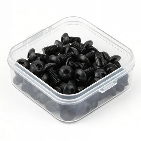 Top Shelf M2 X 20mm Button Head Socket Cap Screws 50 Pack Grade 109 High Tensile Alloy Steel in clear container.