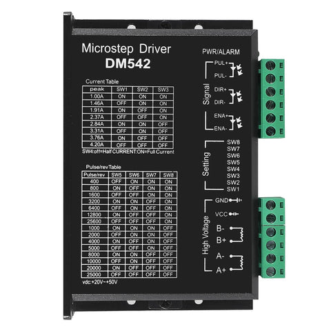 Front view of DM542 microstep driver module; black enclosure with green terminal blocks on the side.