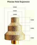 Step drill bit, diamond-coated with M10 threaded shank; front view shows 20/35/50 mm sizes.