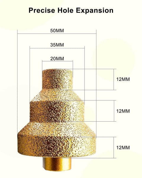 Step drill bit, diamond-coated with M10 threaded shank; front view shows 20/35/50 mm sizes.